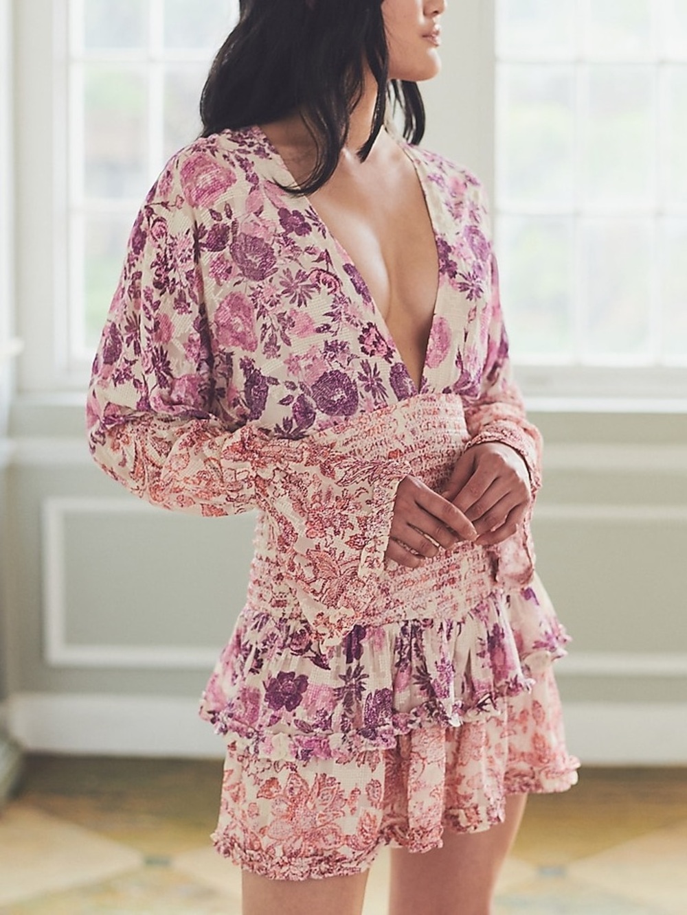 Hemant & Nandita Pastel Pink Ruffle Plunging Tie Back Romantic Boho Mini Dress - Picture 10 of 10